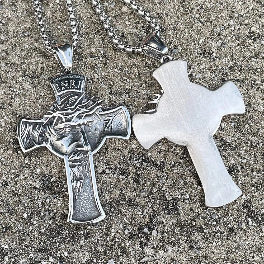 Fashion Vintage Stainless Steel Jesus Cross Necklace Pendant Men Cross Jesus Face Necklace Chain Amulet Jewelry