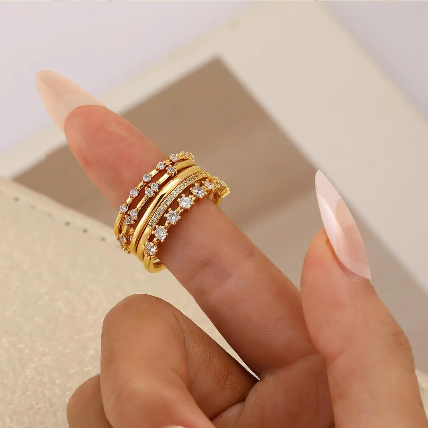 FAXHION Gold Rings for Women Non Tarnish, Dainty 14K Gold Plated Stacking Cubic Zirconia Thumb Rings, Statement Gold Knuckle Rings Set Size 5-10