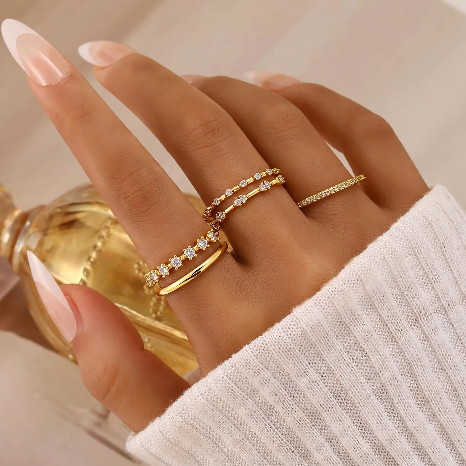 FAXHION Gold Rings for Women Non Tarnish, Dainty 14K Gold Plated Stacking Cubic Zirconia Thumb Rings, Statement Gold Knuckle Rings Set Size 5-10