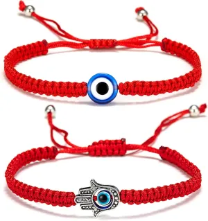 Fesciory Evil Eye Bracelets for Women, 2Pcs Adjustable Red String, 7 Knots Braided Lucky Thread, Hamsa Hand Amulet Bracelets for Men Women Jewelry Gifts