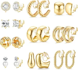 FIBO STEEL 10 Pairs Clip On Earrings for Women Non Pierced Ears CZ Pearl Knot Twist Chunky Hoop and Studs Earring Set Ear Clips Jewelry Gold Silver Tone