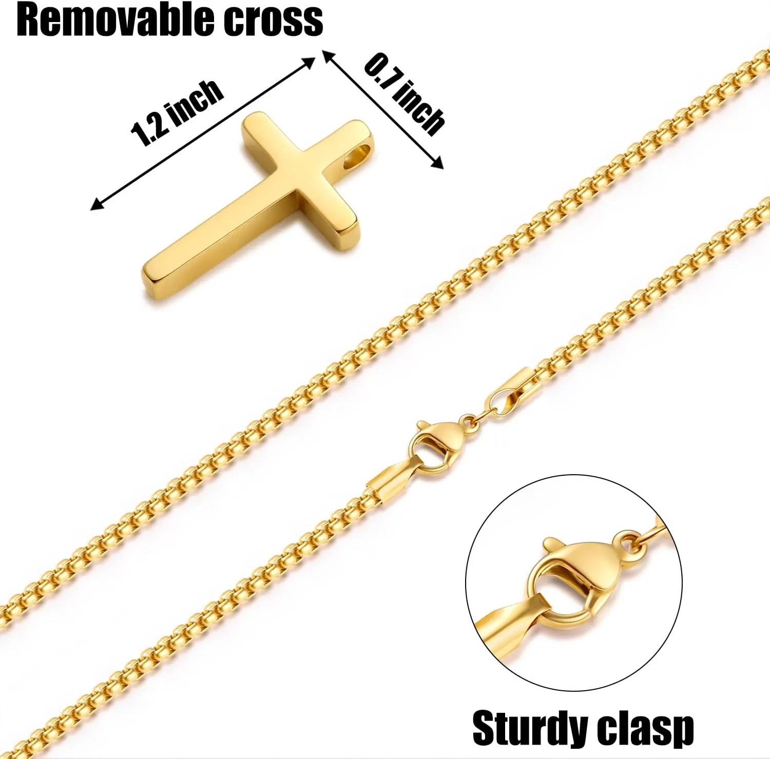 Fiusem Cross Necklace for Men, Silver/Gold/Black Mens Cross Necklaces with 2.5mm Cross Chain and Stainless Steel Cross Pendant, Box Chain 16-24 Inch