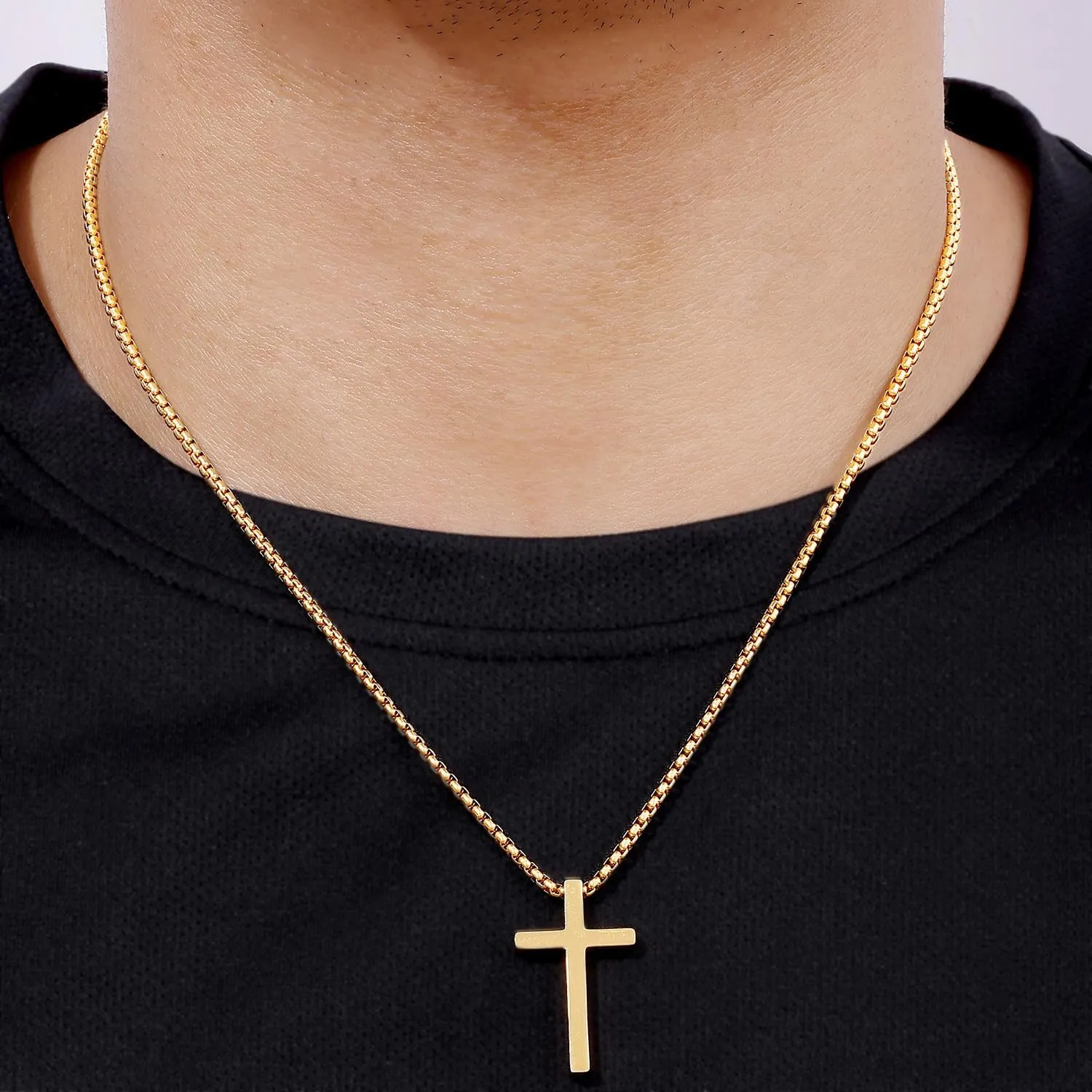 Fiusem Cross Necklace for Men, Silver/Gold/Black Mens Cross Necklaces with 2.5mm Cross Chain and Stainless Steel Cross Pendant, Box Chain 16-24 Inch