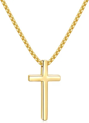 Fiusem Cross Necklace for Men, Silver/Gold/Black Mens Cross Necklaces with 2.5mm Cross Chain and Stainless Steel Cross Pendant, Box Chain 16-24 Inch