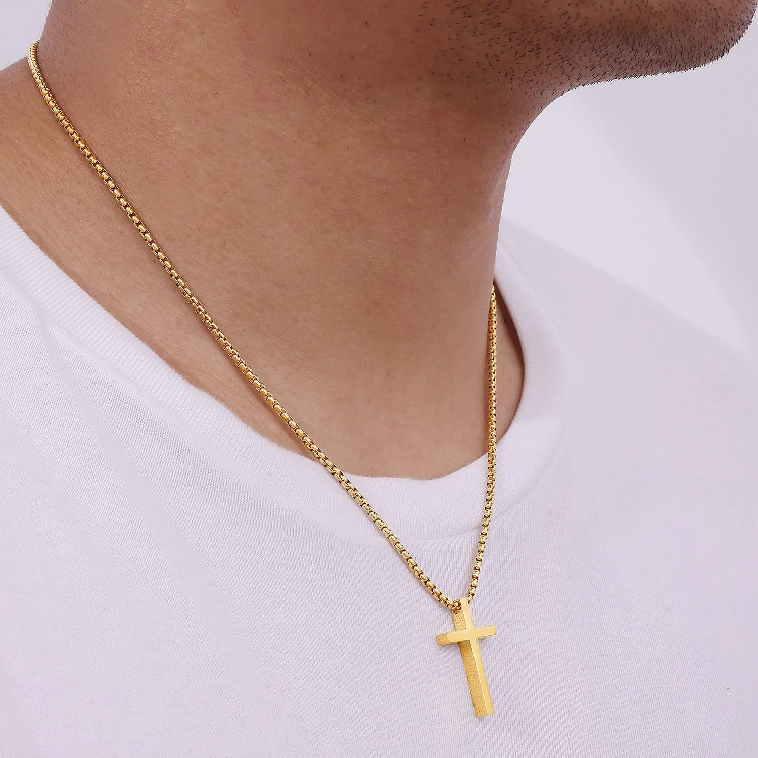 Fiusem Cross Necklace for Men, Silver/Gold/Black Mens Cross Necklaces with 2.5mm Cross Chain and Stainless Steel Cross Pendant, Box Chain 16-24 Inch