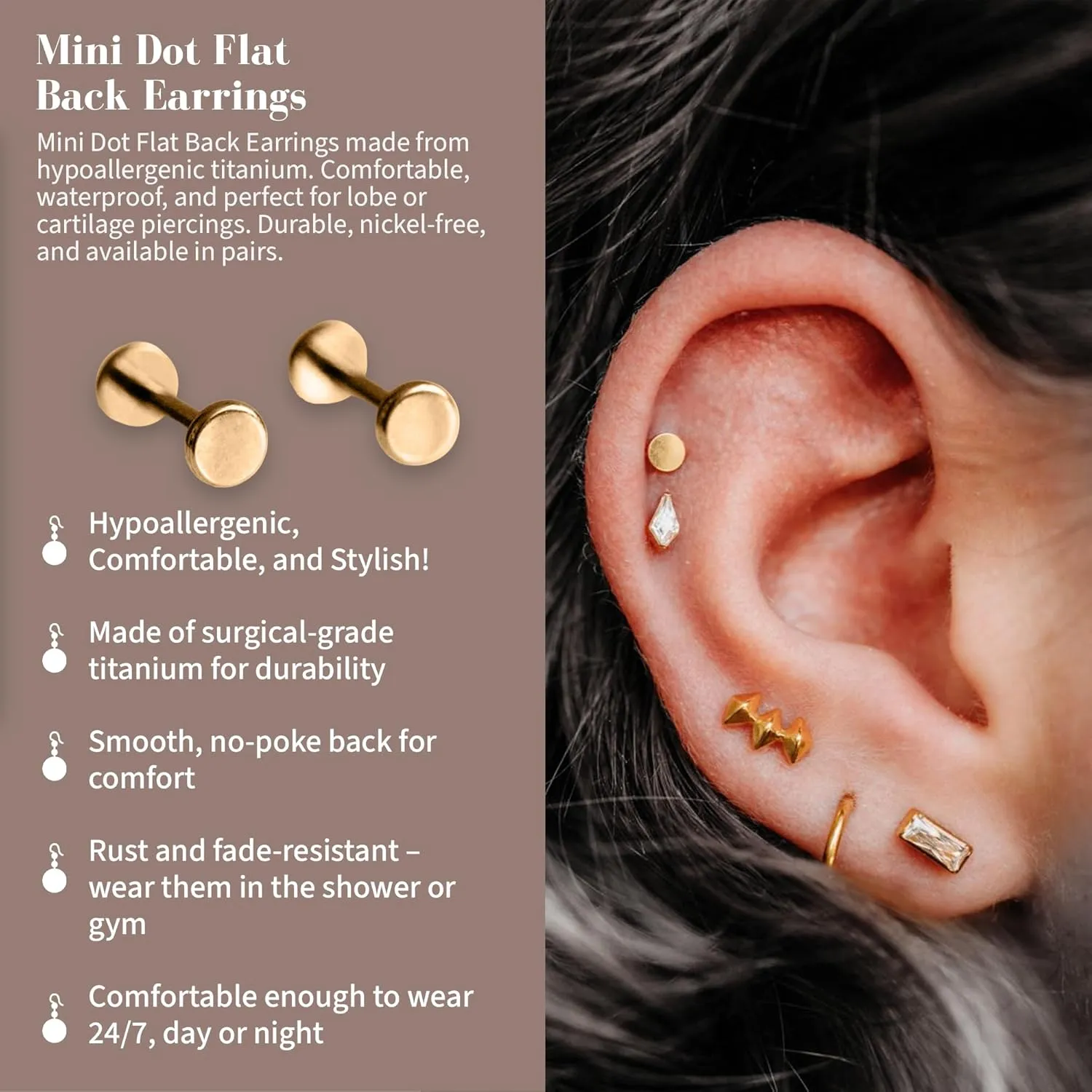 Flat Back Earrings | Hypoallergenic Stud Earrings for Women | Flatback, No-Poke Design | Implant-Grade Titanium Made | Lobe & Cartilage Earrings for Women | Gold & Silver