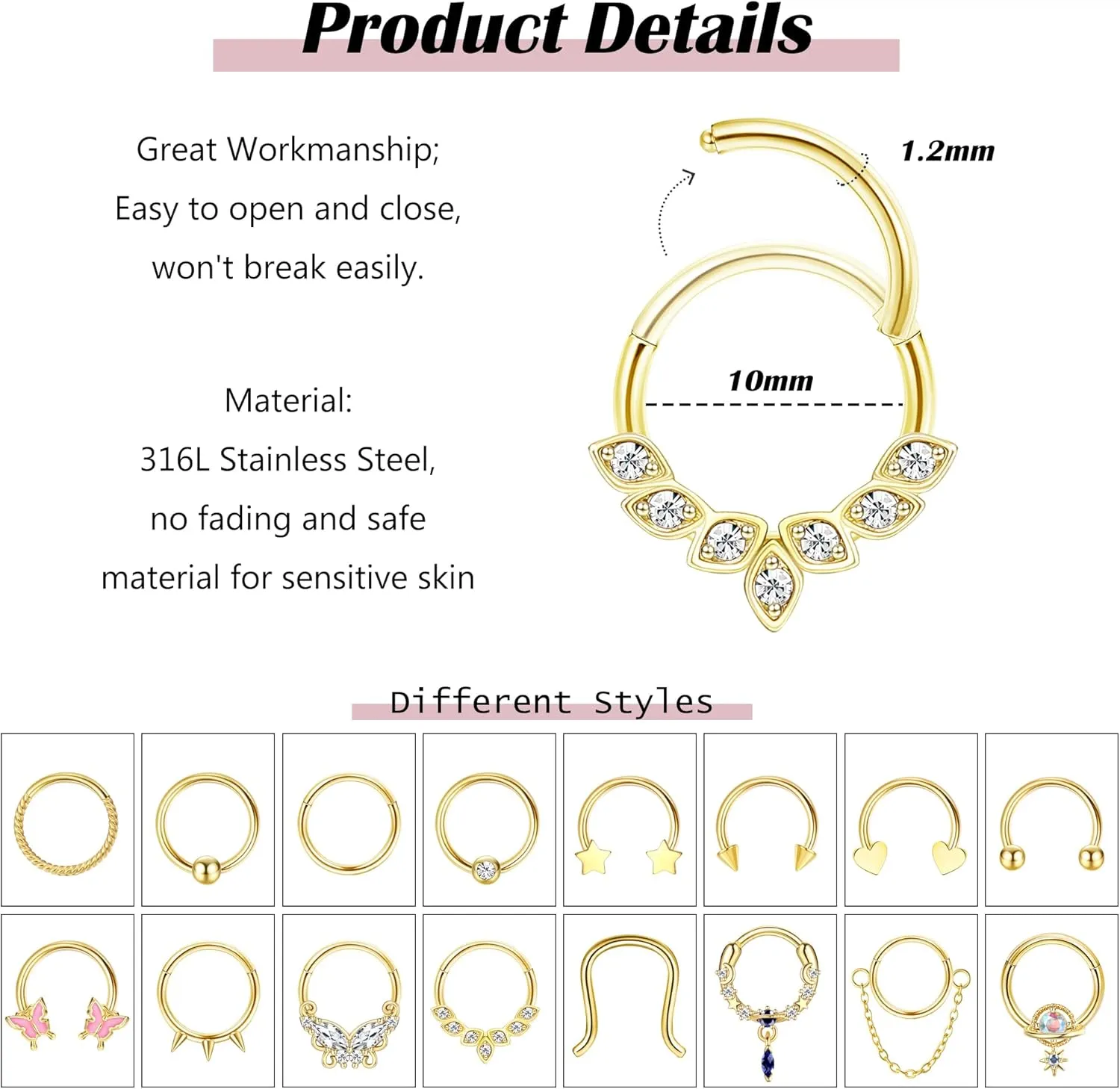 Florideco Gold Septum Rings 16g Surgical Steel Cute Nose Rings Butterfly Small Daith Piercing Jewelry Septum Clicker 10mm