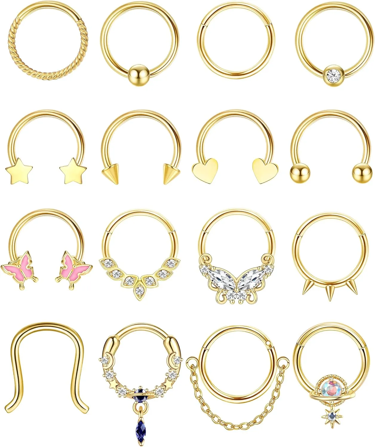 Florideco Gold Septum Rings 16g Surgical Steel Cute Nose Rings Butterfly Small Daith Piercing Jewelry Septum Clicker 10mm
