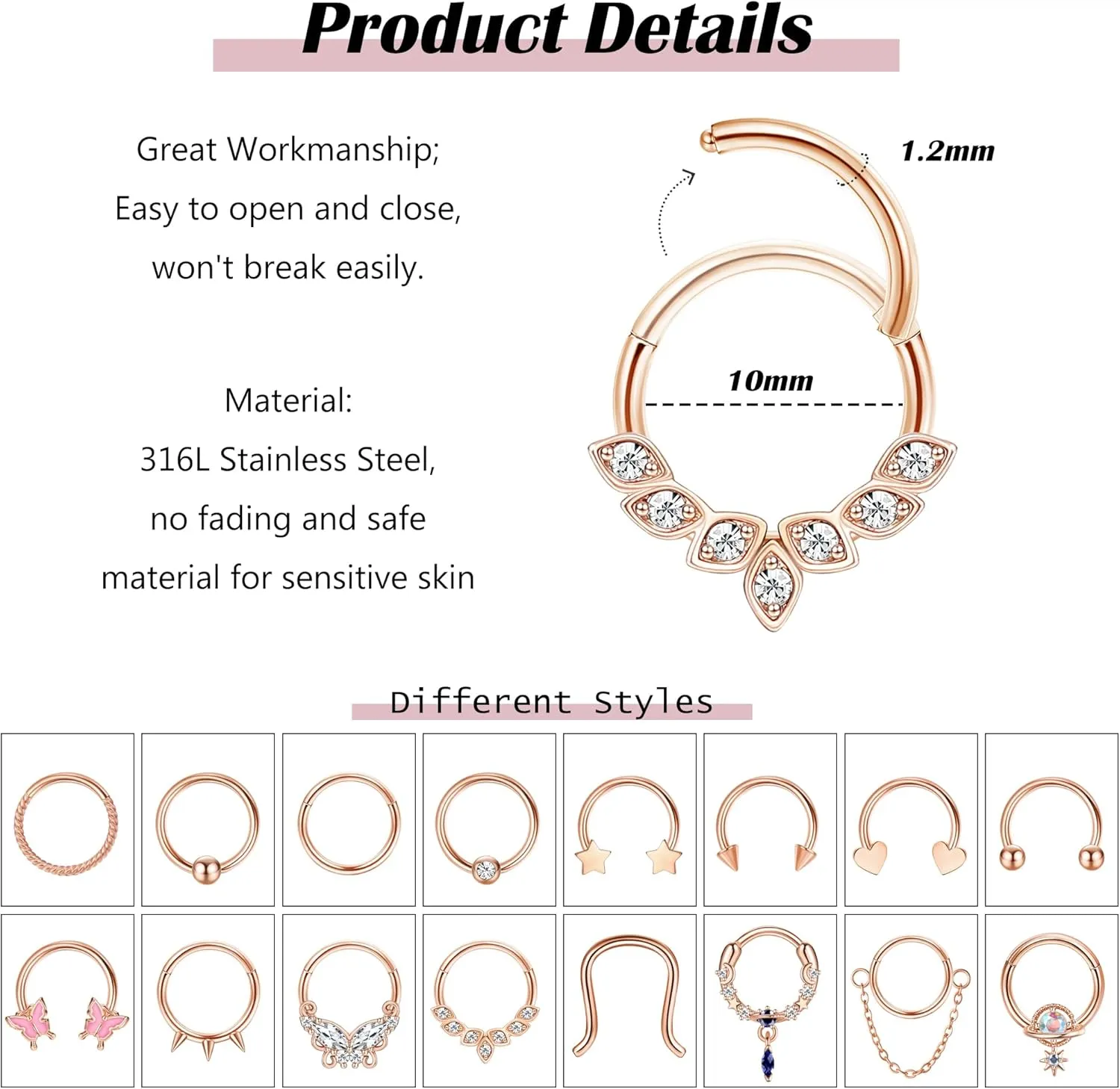 Florideco Gold Septum Rings 16g Surgical Steel Cute Nose Rings Butterfly Small Daith Piercing Jewelry Septum Clicker 10mm