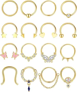 Florideco Gold Septum Rings 16g Surgical Steel Cute Nose Rings Butterfly Small Daith Piercing Jewelry Septum Clicker 10mm