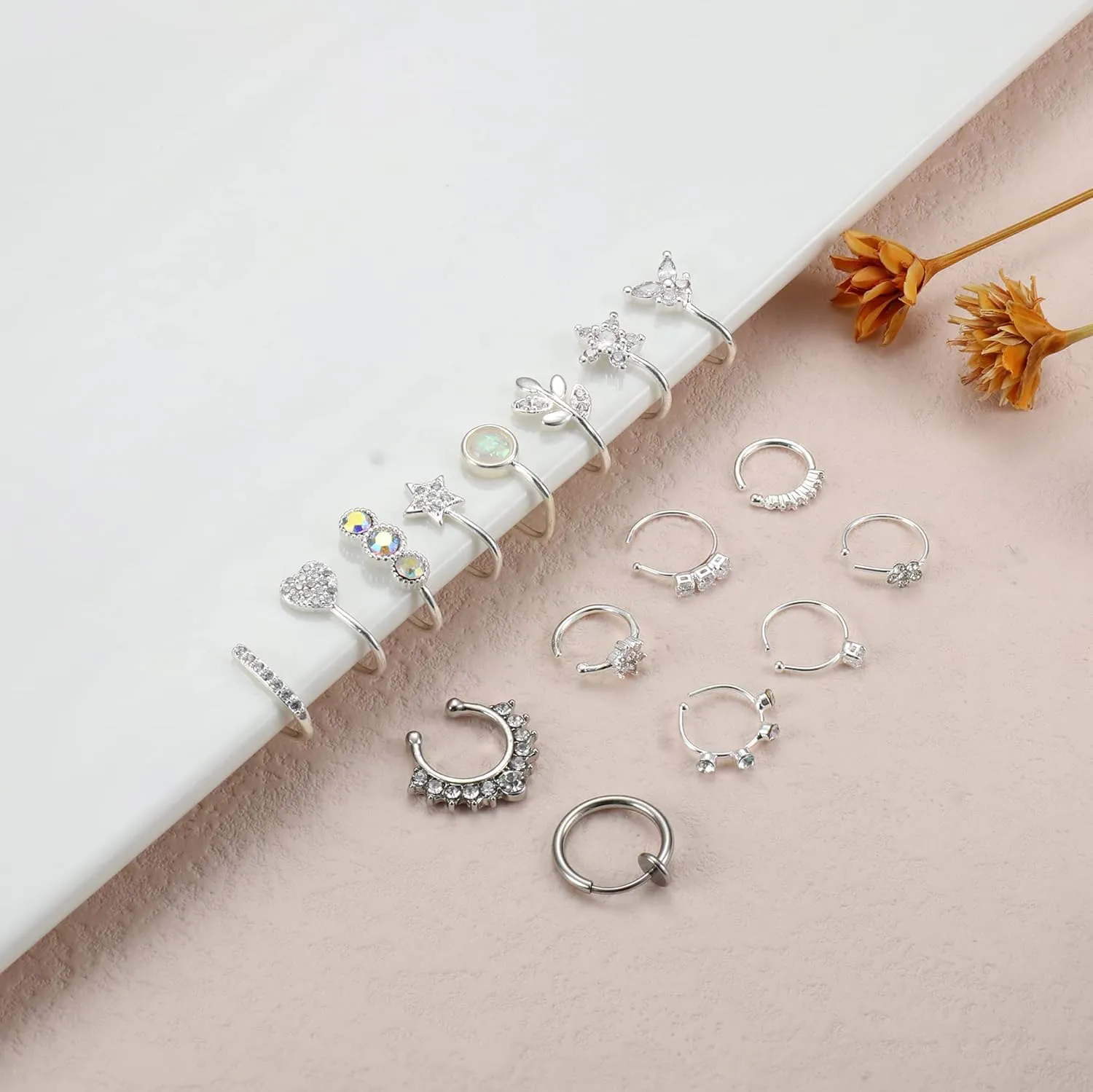 Florideco Nose Cuff Fake Nose Ring Hoop Clip on Nose Ring CZ Dangle Fake Nose Ring Cartilage Tragus Ring Nose Cuff Non Piercing for Women Men