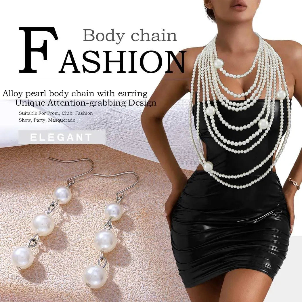 Florry Pearl Body Chains Long Layered Necklace with Earrings Pearl Body Jewelry for Women