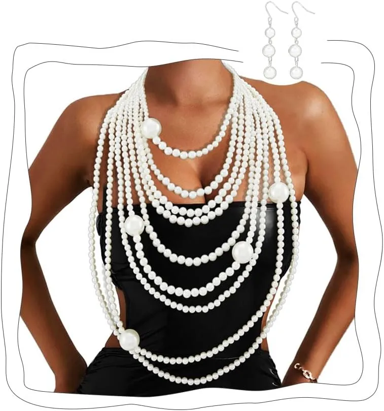 Florry Pearl Body Chains Long Layered Necklace with Earrings Pearl Body Jewelry for Women