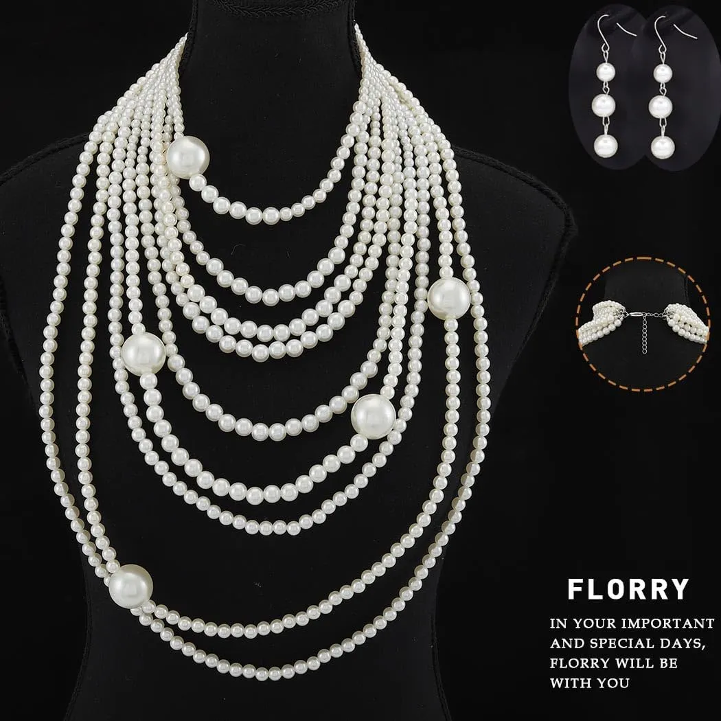 Florry Pearl Body Chains Long Layered Necklace with Earrings Pearl Body Jewelry for Women