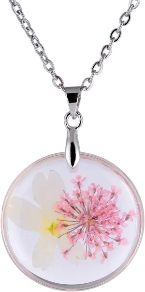 FM FM42 Multicolor Verbena Queen Anne's Lace Dried Natural Real Flowers Round Circle Shaped Simulated Resin Pendant Necklace