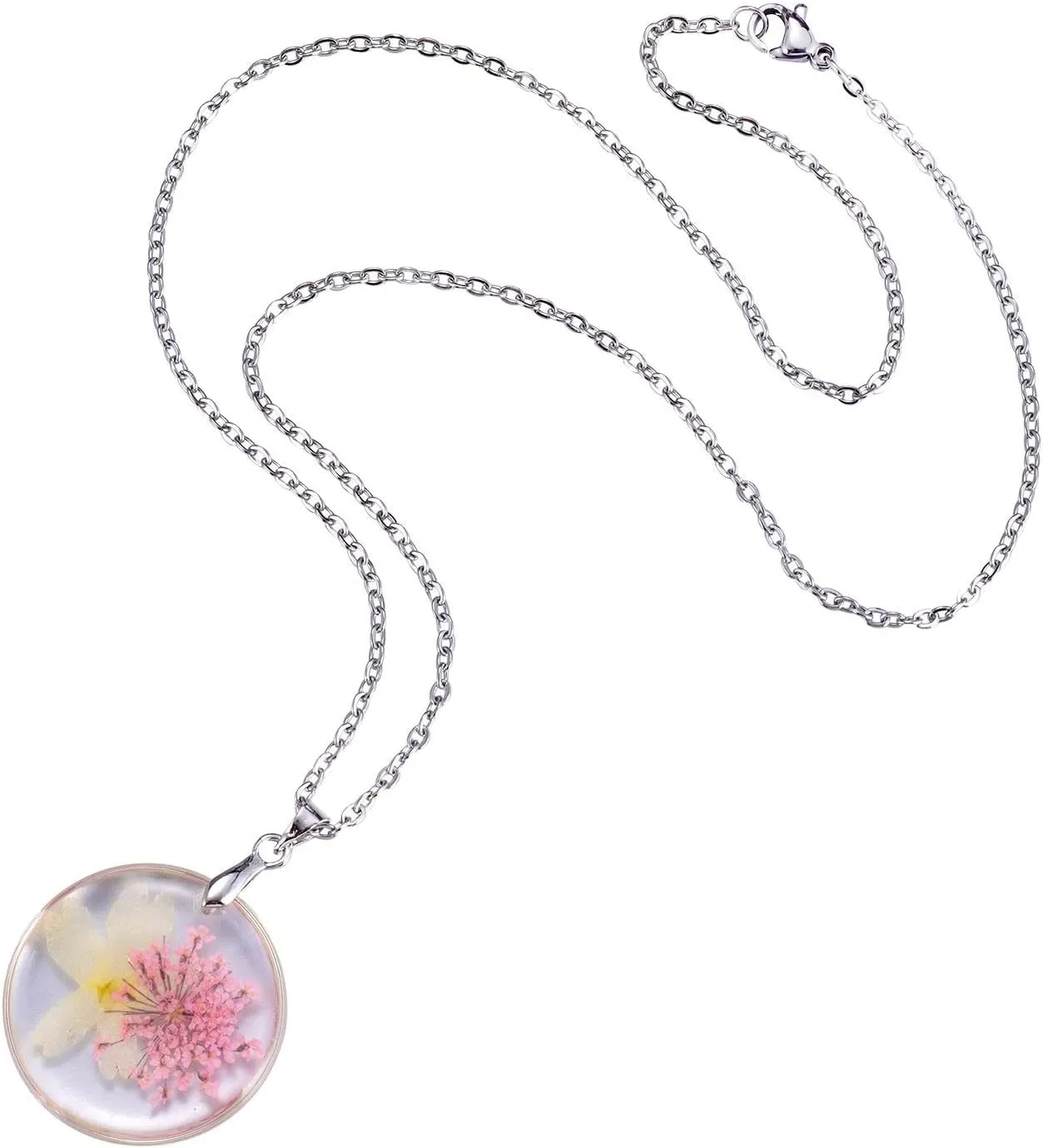 FM FM42 Multicolor Verbena Queen Anne's Lace Dried Natural Real Flowers Round Circle Shaped Simulated Resin Pendant Necklace