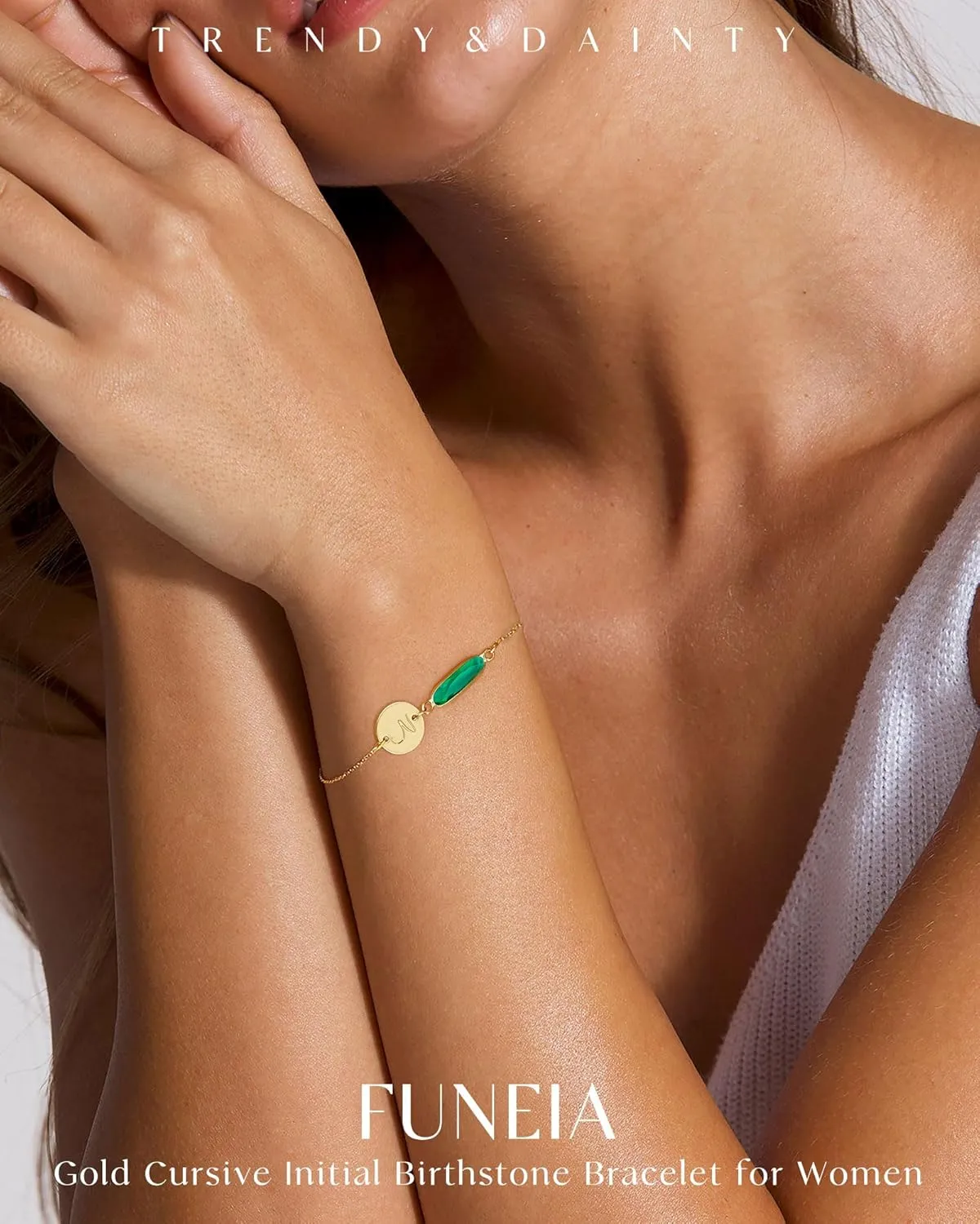 FUNEIA Birthstone Initial Gold Bracelets for Women Trendy Non Tarnish Dainty 14K Gold Plated Bracelet Stack Cute Cursive Letter Stackable Bracelets Gold Jewelry Birthday Gifts for Women Bridesmaid