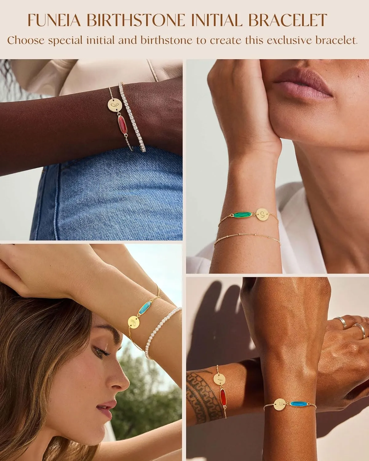 FUNEIA Birthstone Initial Gold Bracelets for Women Trendy Non Tarnish Dainty 14K Gold Plated Bracelet Stack Cute Cursive Letter Stackable Bracelets Gold Jewelry Birthday Gifts for Women Bridesmaid