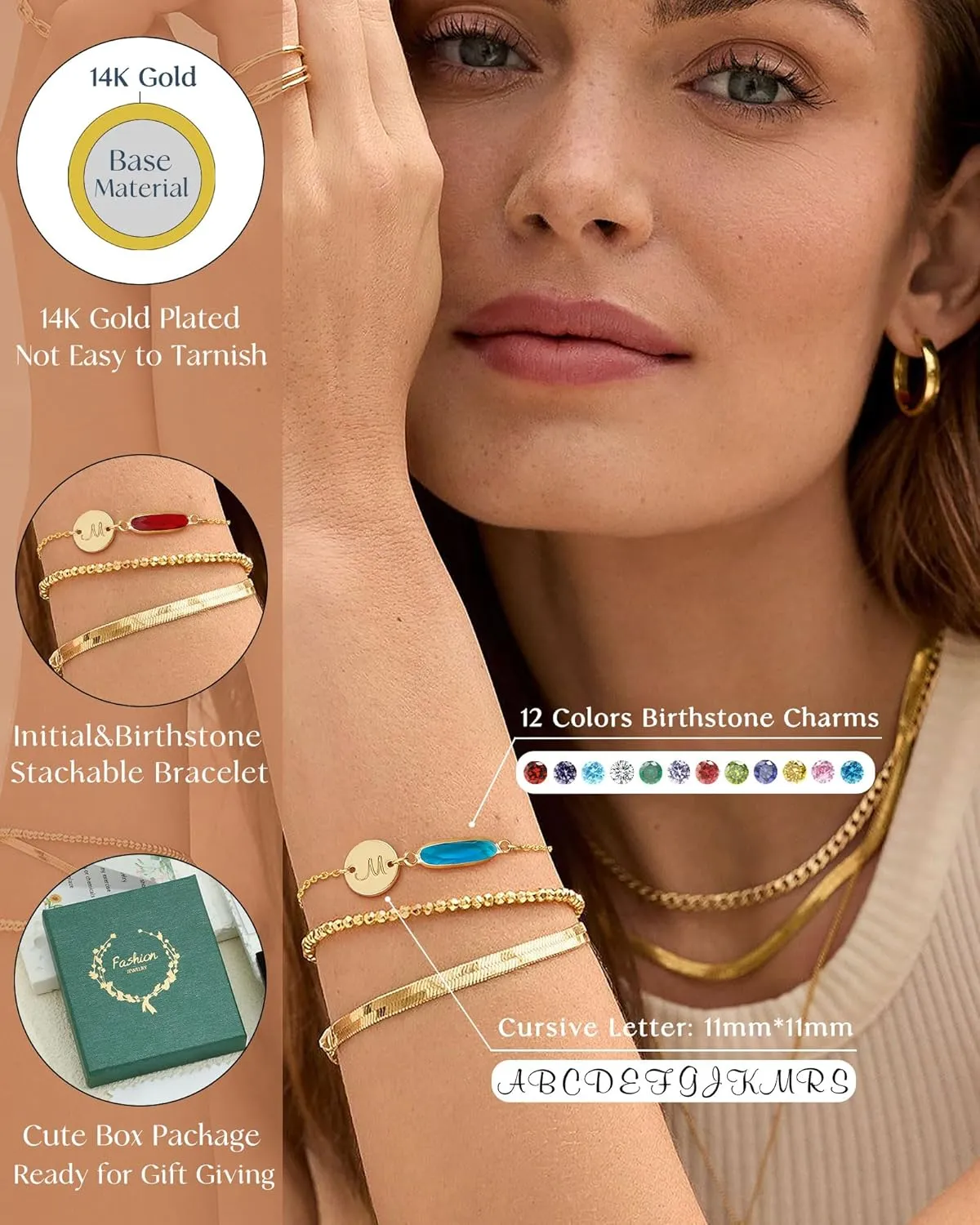 FUNEIA Birthstone Initial Gold Bracelets for Women Trendy Non Tarnish Dainty 14K Gold Plated Bracelet Stack Cute Cursive Letter Stackable Bracelets Gold Jewelry Birthday Gifts for Women Bridesmaid