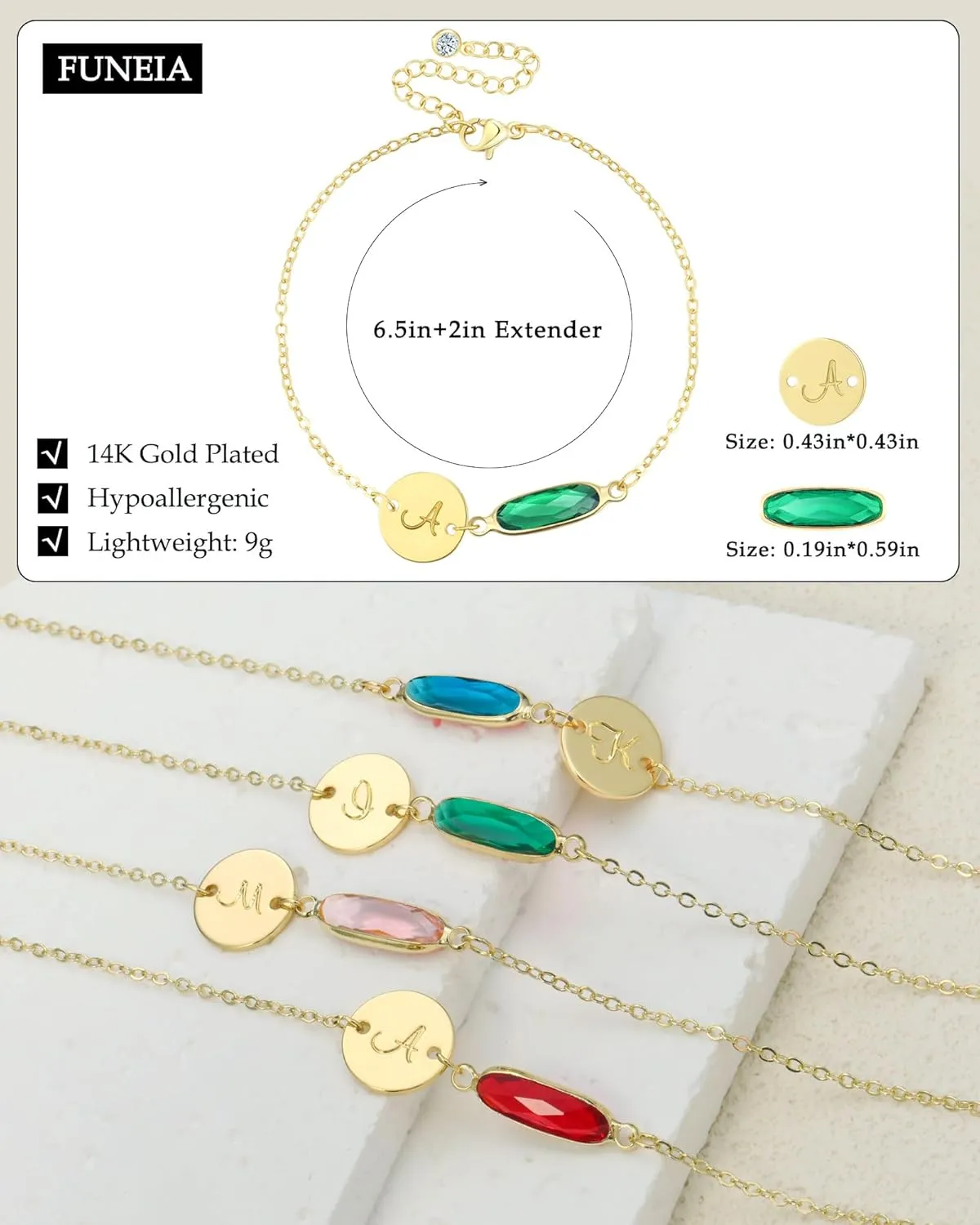 FUNEIA Birthstone Initial Gold Bracelets for Women Trendy Non Tarnish Dainty 14K Gold Plated Bracelet Stack Cute Cursive Letter Stackable Bracelets Gold Jewelry Birthday Gifts for Women Bridesmaid