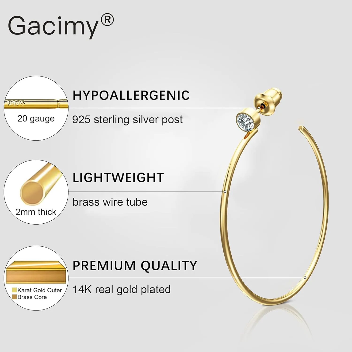 Gacimy Gold Hoop Earrings for Women 14K Real Gold Plated, 925 Sterling Silver Post CZ Earrings for Women
