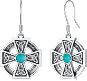 Genuine Turquoise Dangle Cross Earrings for Women 925 Sterling Silver Gemstone Celtic Knot Earrings Western Bohemian Jewelry Gift for Her Wife Mom