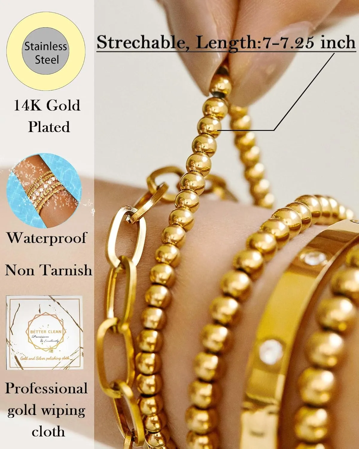 Gold Bangle Bracelets for Women, 14K Gold Plated Beaded Bracelets Stretch Bead Ball Chain Layered Bracelet Stack Set, Love Cubic Zirconia Bangle Women Jewelry