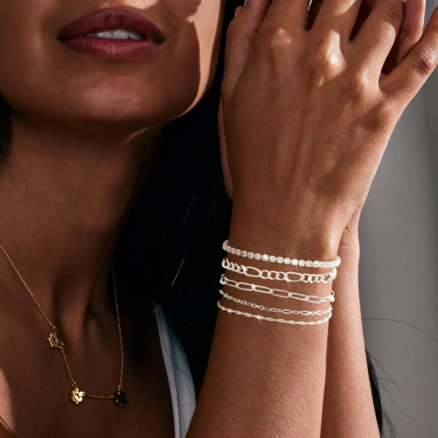 Gold Bracelets for Women, Dainty 14K Gold/Silver Plated Stackable Bracelets for Women Trendy Waterproof Paperclip Figaro Box Herringbone Chain Bracelet Pack Stack Adjustable Fashion Jewelry for Women