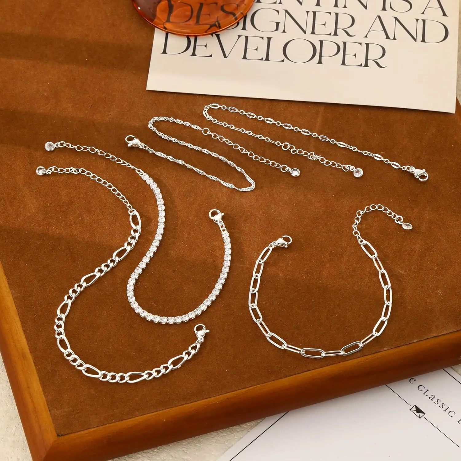 Gold Bracelets for Women, Dainty 14K Gold/Silver Plated Stackable Bracelets for Women Trendy Waterproof Paperclip Figaro Box Herringbone Chain Bracelet Pack Stack Adjustable Fashion Jewelry for Women