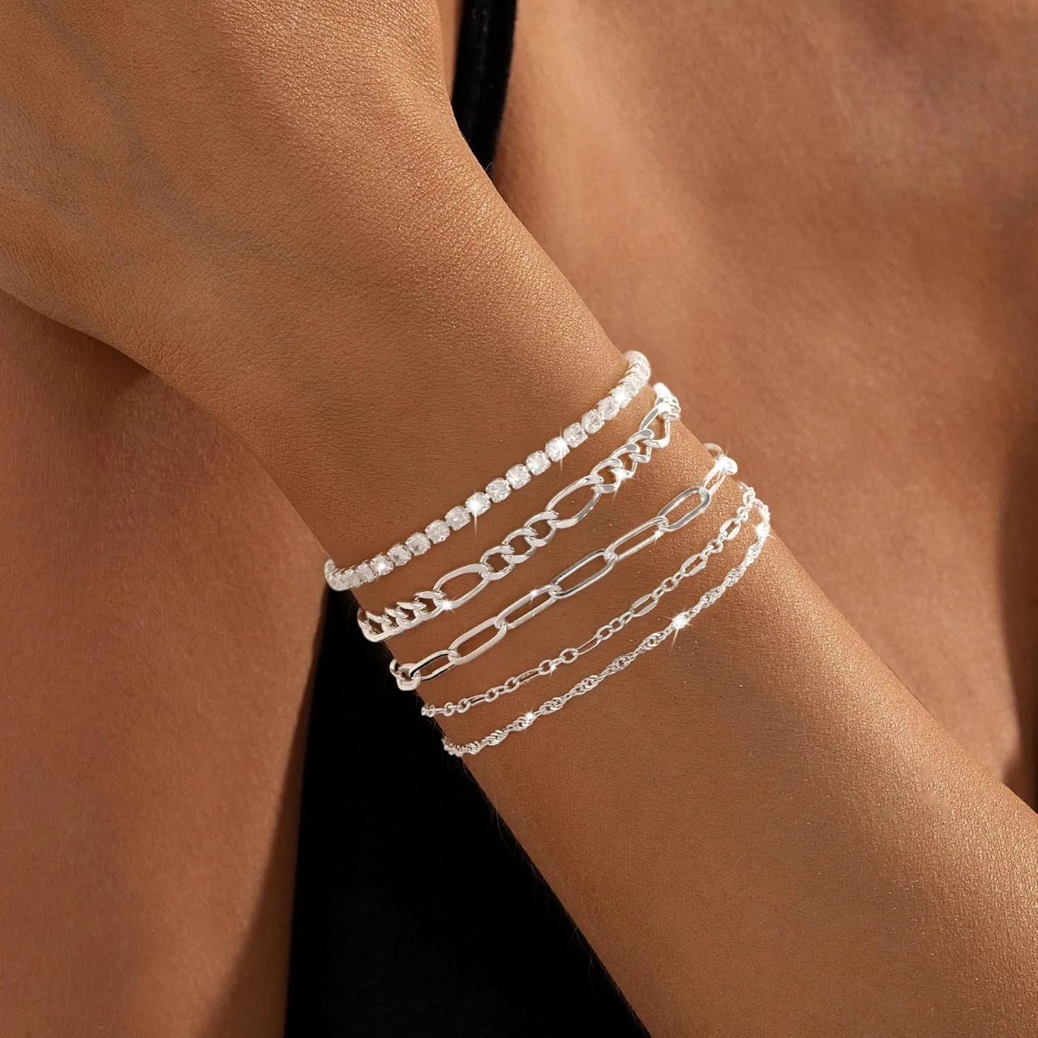 Gold Bracelets for Women, Dainty 14K Gold/Silver Plated Stackable Bracelets for Women Trendy Waterproof Paperclip Figaro Box Herringbone Chain Bracelet Pack Stack Adjustable Fashion Jewelry for Women