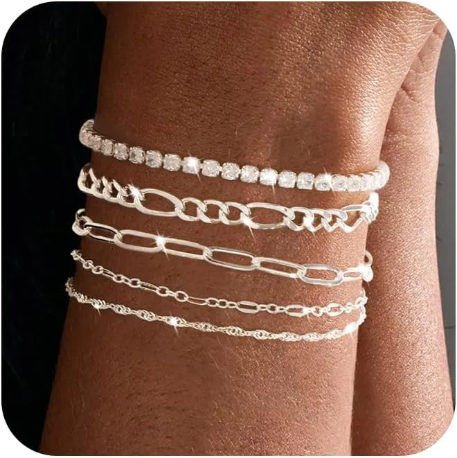 Gold Bracelets for Women, Dainty 14K Gold/Silver Plated Stackable Bracelets for Women Trendy Waterproof Paperclip Figaro Box Herringbone Chain Bracelet Pack Stack Adjustable Fashion Jewelry for Women