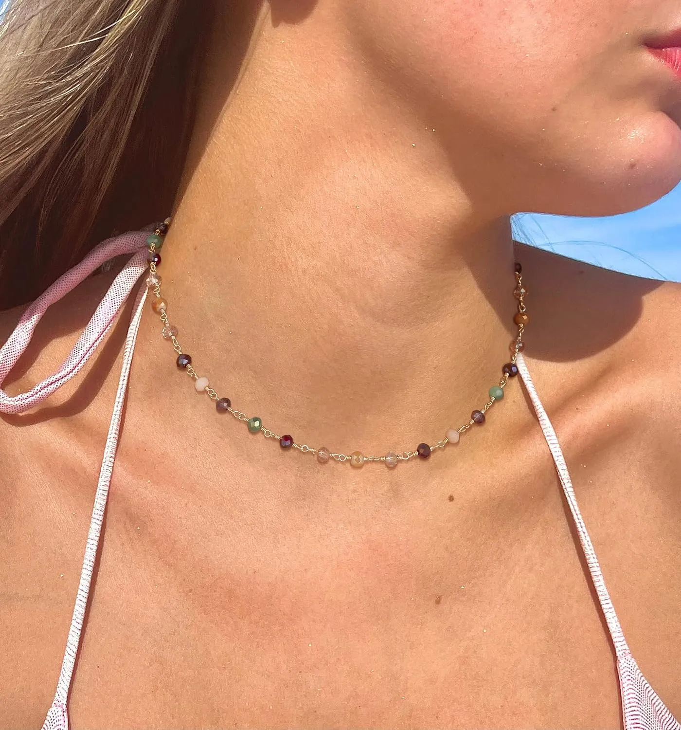 Gold Choker Necklaces for Women 14K Gold Plated Dainty Colorful Beads Daisy Flowers Choker Simple Cute Summer Jewelry