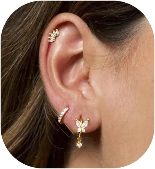 Gold Earrings for Women Trendy 14k Gold Plated Stud Earrings Earring Sets for Multiple Piercing Simple Flat Back Earrings Ear Cuff Cartilage Earrings for Women Gift for Her