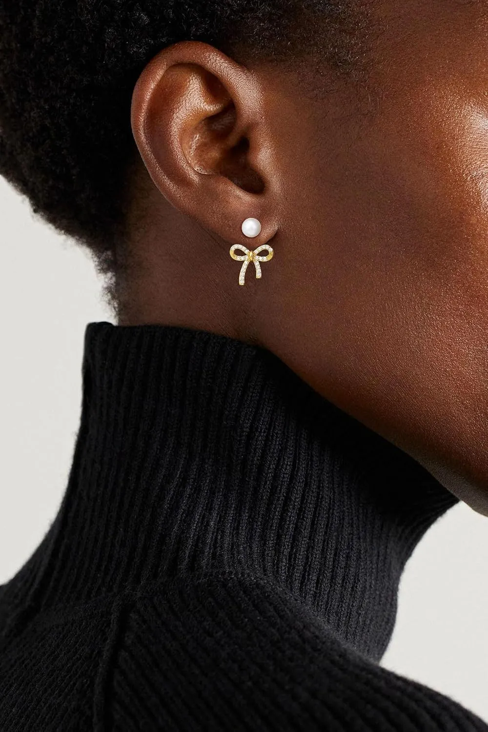 Gold Earrings for Women Trendy Bow Earrings 14K Gold/Silver Plated Hoops Simple Twist Huggie Dainty Cubic Zirconia Jewelry Cute Pearl Bow Stud Earrings Minimalist Jewelry for Her