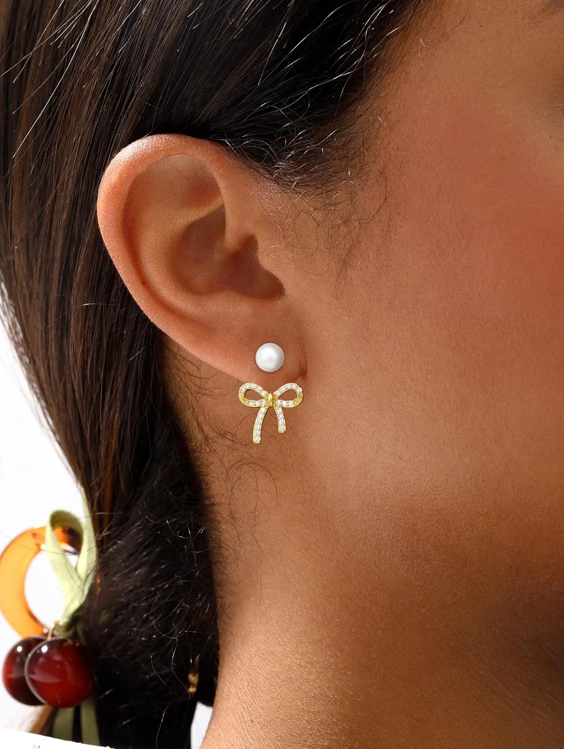 Gold Earrings for Women Trendy Bow Earrings 14K Gold/Silver Plated Hoops Simple Twist Huggie Dainty Cubic Zirconia Jewelry Cute Pearl Bow Stud Earrings Minimalist Jewelry for Her