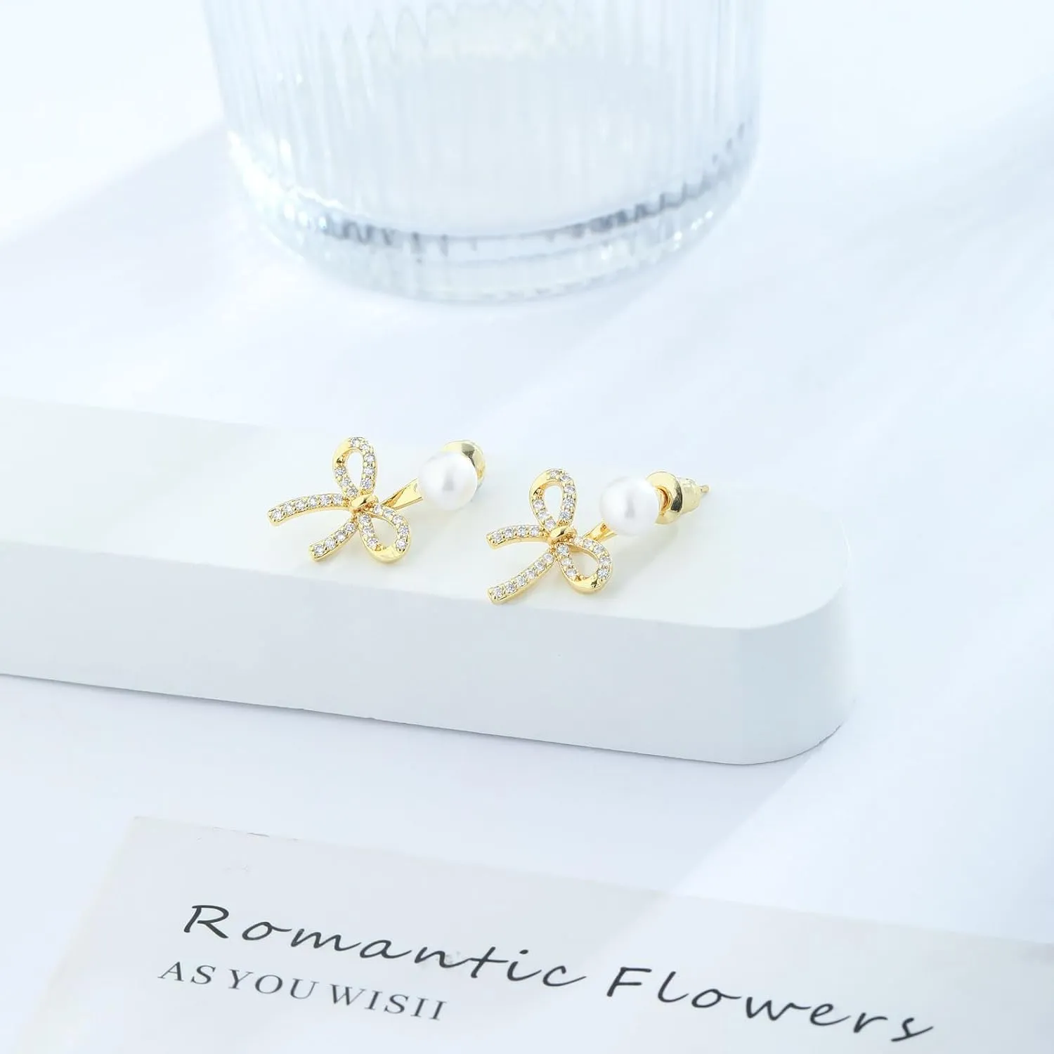 Gold Earrings for Women Trendy Bow Earrings 14K Gold/Silver Plated Hoops Simple Twist Huggie Dainty Cubic Zirconia Jewelry Cute Pearl Bow Stud Earrings Minimalist Jewelry for Her