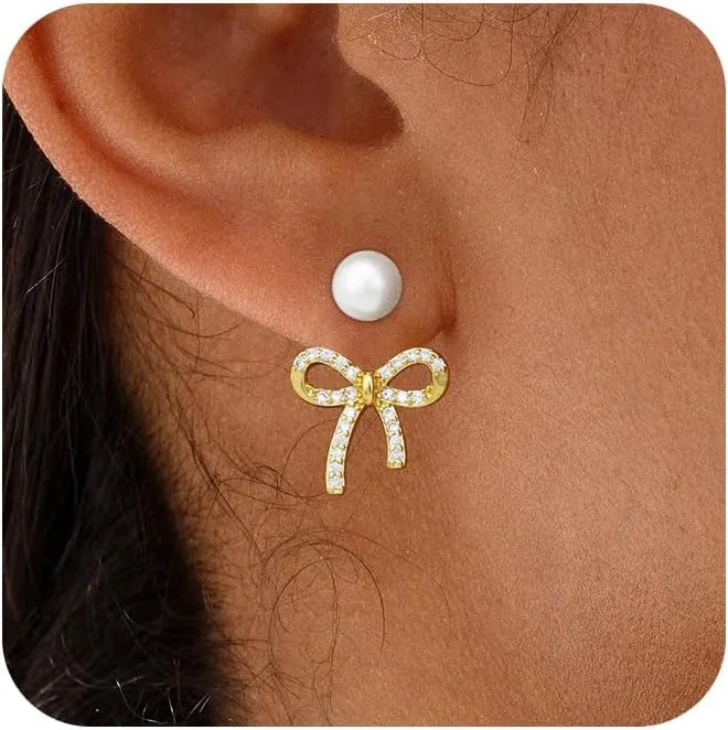 Gold Earrings for Women Trendy Bow Earrings 14K Gold/Silver Plated Hoops Simple Twist Huggie Dainty Cubic Zirconia Jewelry Cute Pearl Bow Stud Earrings Minimalist Jewelry for Her
