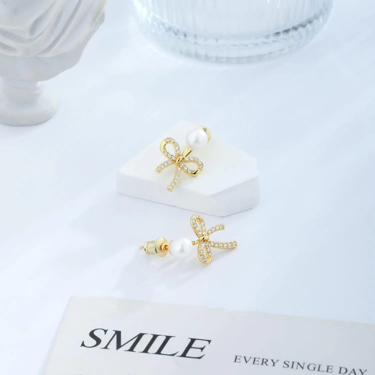 Gold Earrings for Women Trendy Bow Earrings 14K Gold/Silver Plated Hoops Simple Twist Huggie Dainty Cubic Zirconia Jewelry Cute Pearl Bow Stud Earrings Minimalist Jewelry for Her