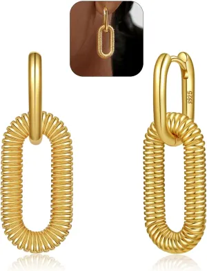 Gold Earrings for Women Trendy,Link Chain 14K Gold Plated Gold Dangle Earrings for Women Square Statement Chunky Silver Earrings Double Silver Hoop Drop Earrings for Prom Formal
