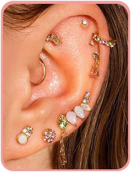 Gold Earrings Set for Women Trendy 14K Gold Plated Gold Dainty Small CZ Diamond Opal Pearl Evil Eye Stud Huggie Hoop Earrings Cartilage Earrings for Women