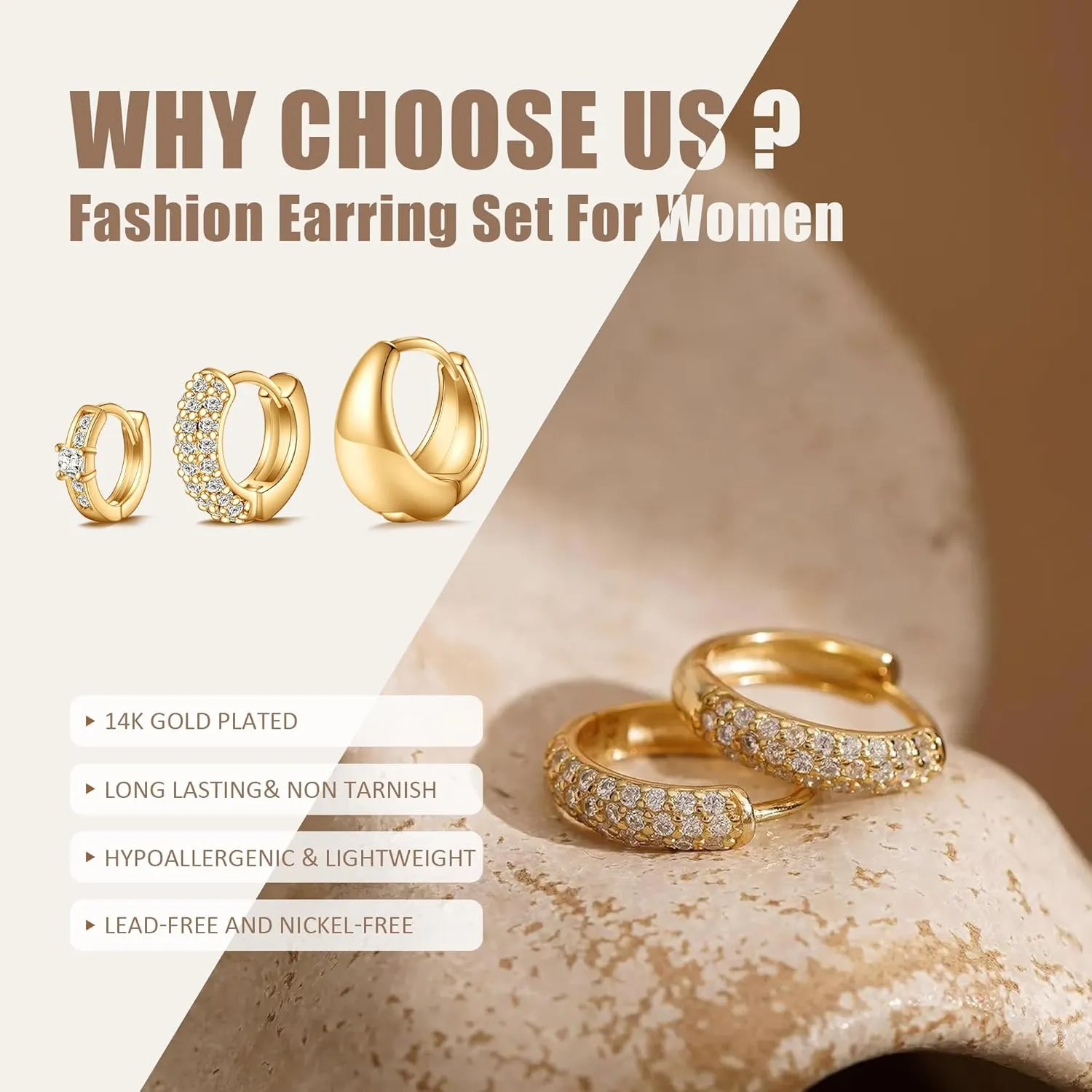 Gold Hoop Earrings For Women,14k gold Plated trendy small lightweight chunky gold/silver hoops earrings set dainty non tarnish waterproof gold/silver earrings pack stack for women