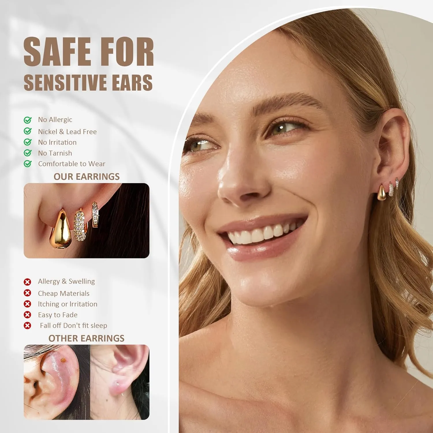 Gold Hoop Earrings For Women,14k gold Plated trendy small lightweight chunky gold/silver hoops earrings set dainty non tarnish waterproof gold/silver earrings pack stack for women