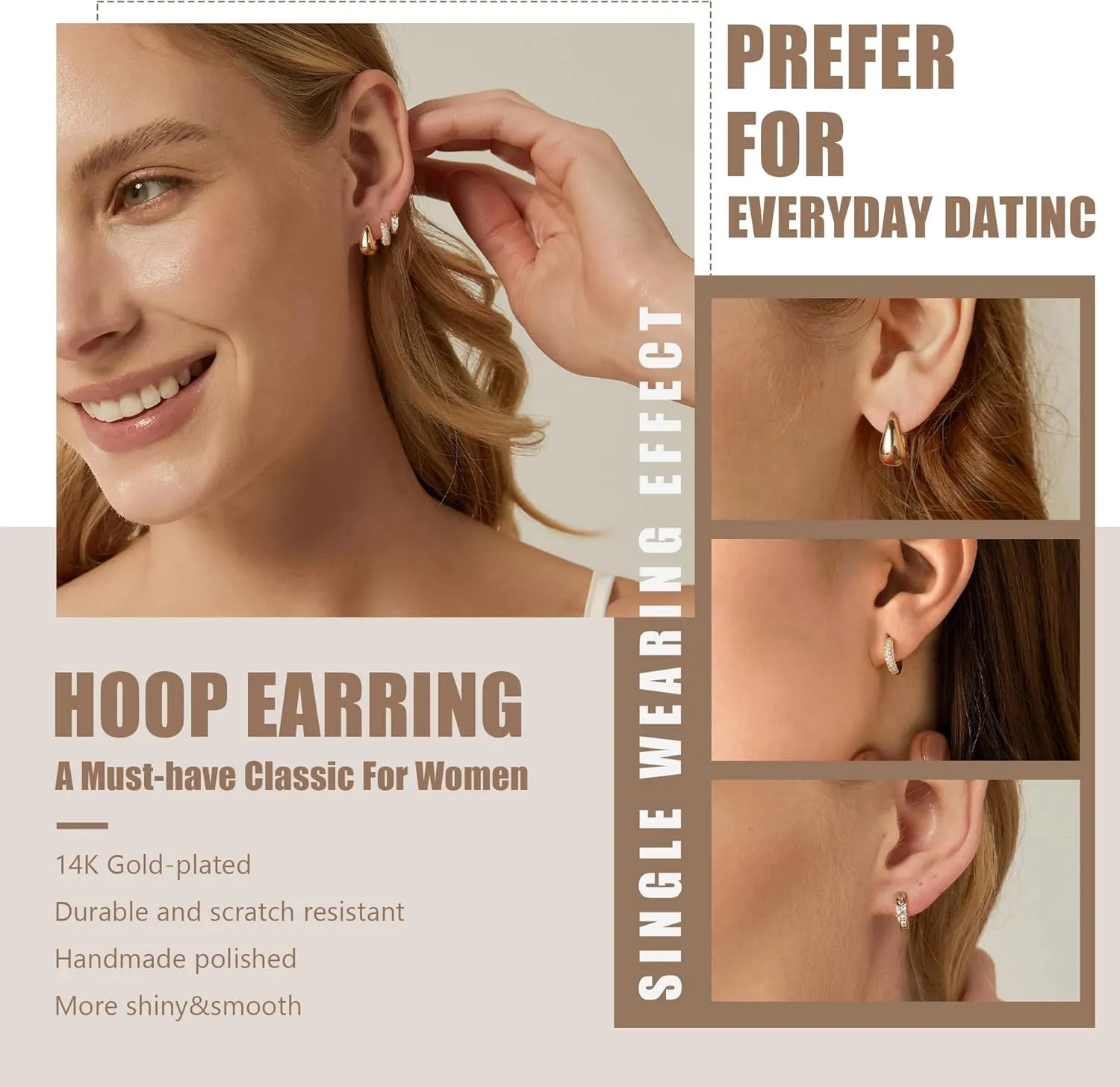Gold Hoop Earrings For Women,14k gold Plated trendy small lightweight chunky gold/silver hoops earrings set dainty non tarnish waterproof gold/silver earrings pack stack for women