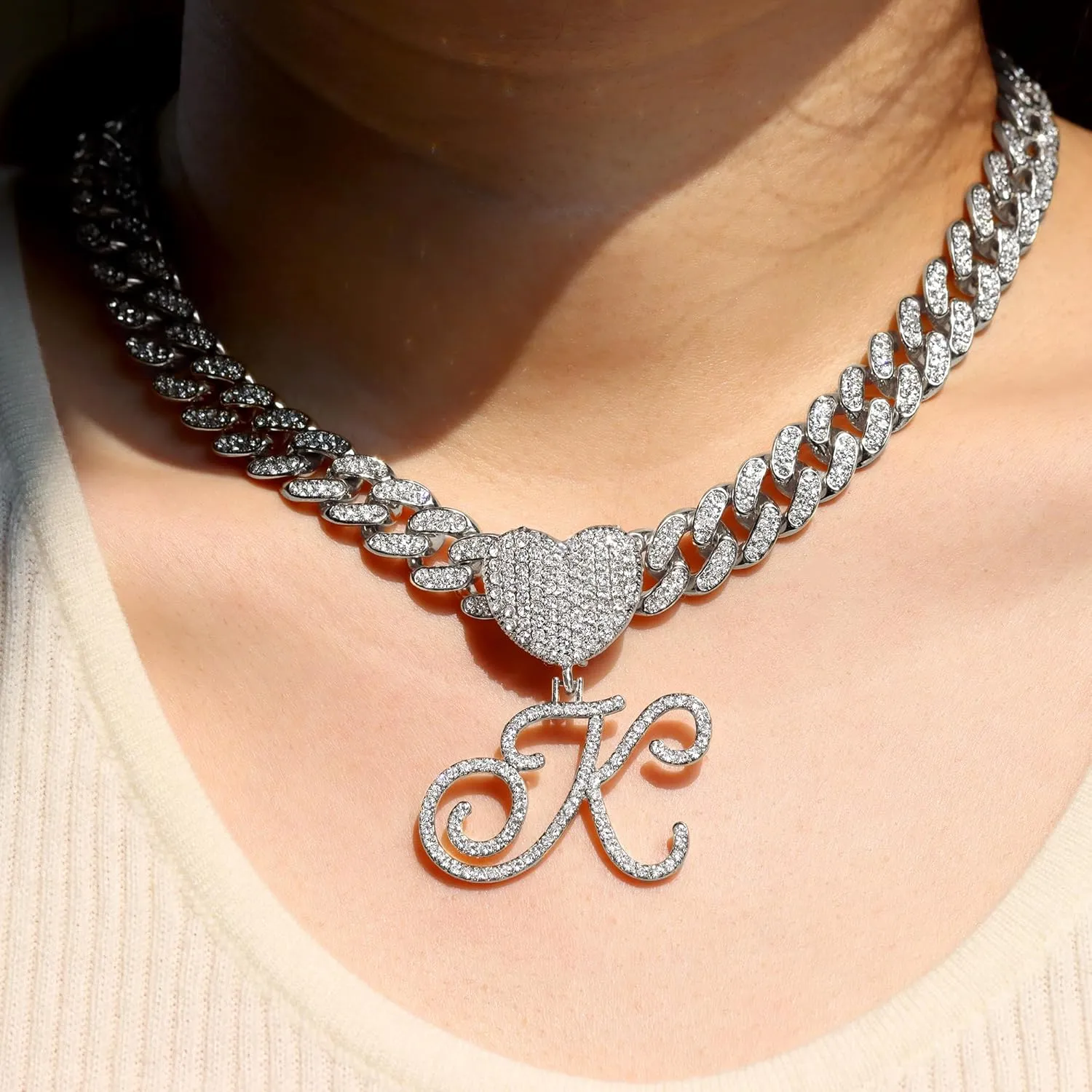 Gold Initial Cuban Link Chain for Women Miami Iced Out Chain for women Bling Diamond Chain Necklace Hip Hop Jewelry
