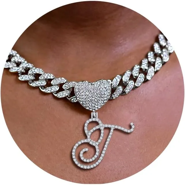 Gold Initial Cuban Link Chain for Women Miami Iced Out Chain for women Bling Diamond Chain Necklace Hip Hop Jewelry