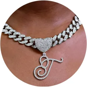 Gold Initial Cuban Link Chain for Women Miami Iced Out Chain for women Bling Diamond Chain Necklace Hip Hop Jewelry