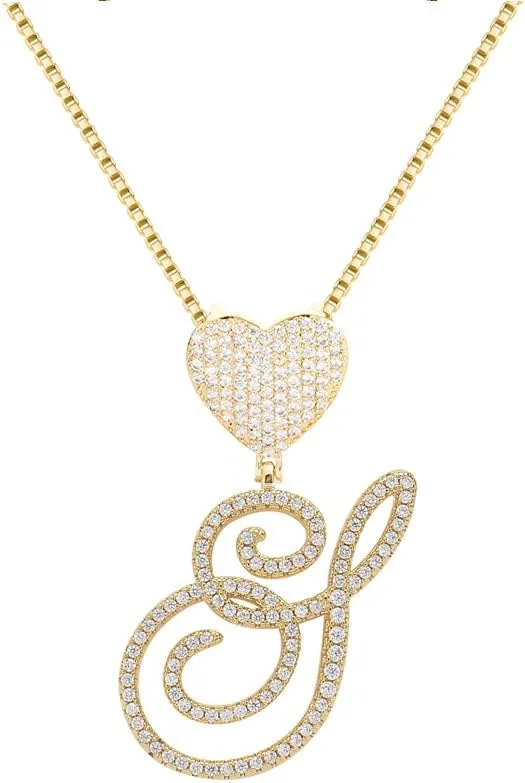 Gold Initial Necklaces for Women Diamond Heart Initial Necklace Cubic Zirconia Initial Pendant Iced Out Letter Necklace