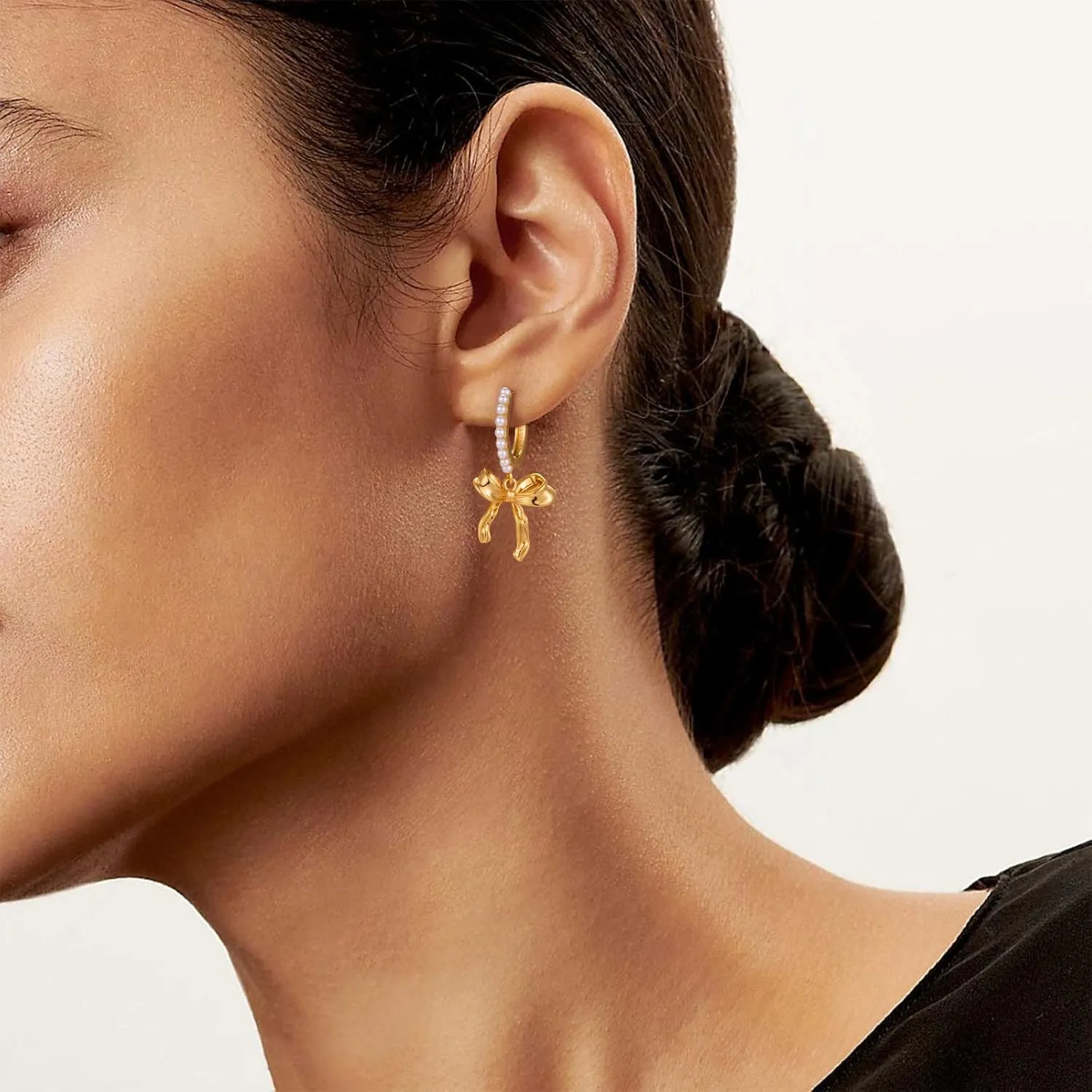 Gold Pearl Bow Hoop Earrings - Coquette Ribbon Knot Dangle Drop Earrings Jewelry Gifts for Women