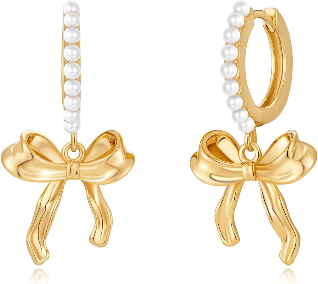 Gold Pearl Bow Hoop Earrings - Coquette Ribbon Knot Dangle Drop Earrings Jewelry Gifts for Women