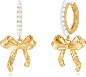 Gold Pearl Bow Hoop Earrings - Coquette Ribbon Knot Dangle Drop Earrings Jewelry Gifts for Women